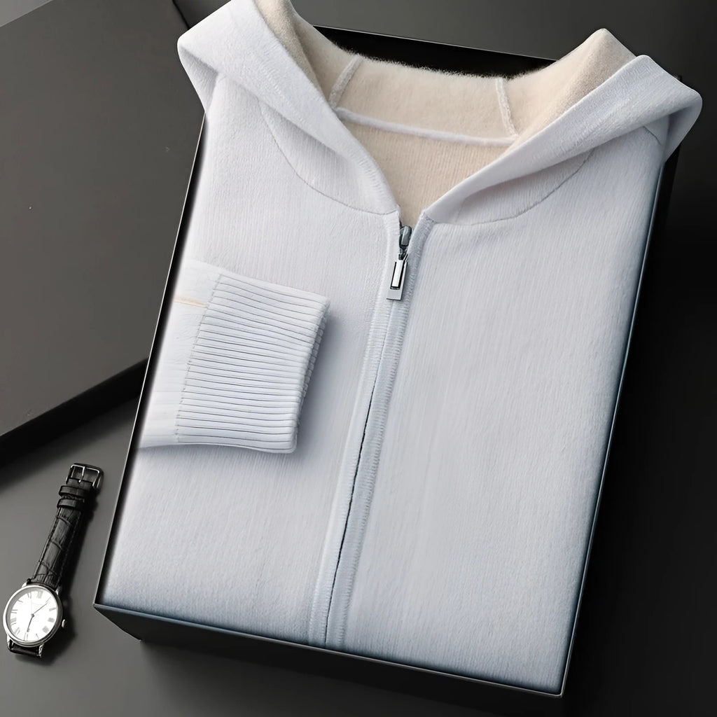 Man wearing a dark blue cashmere half-high collar zipper cardigan sweater
