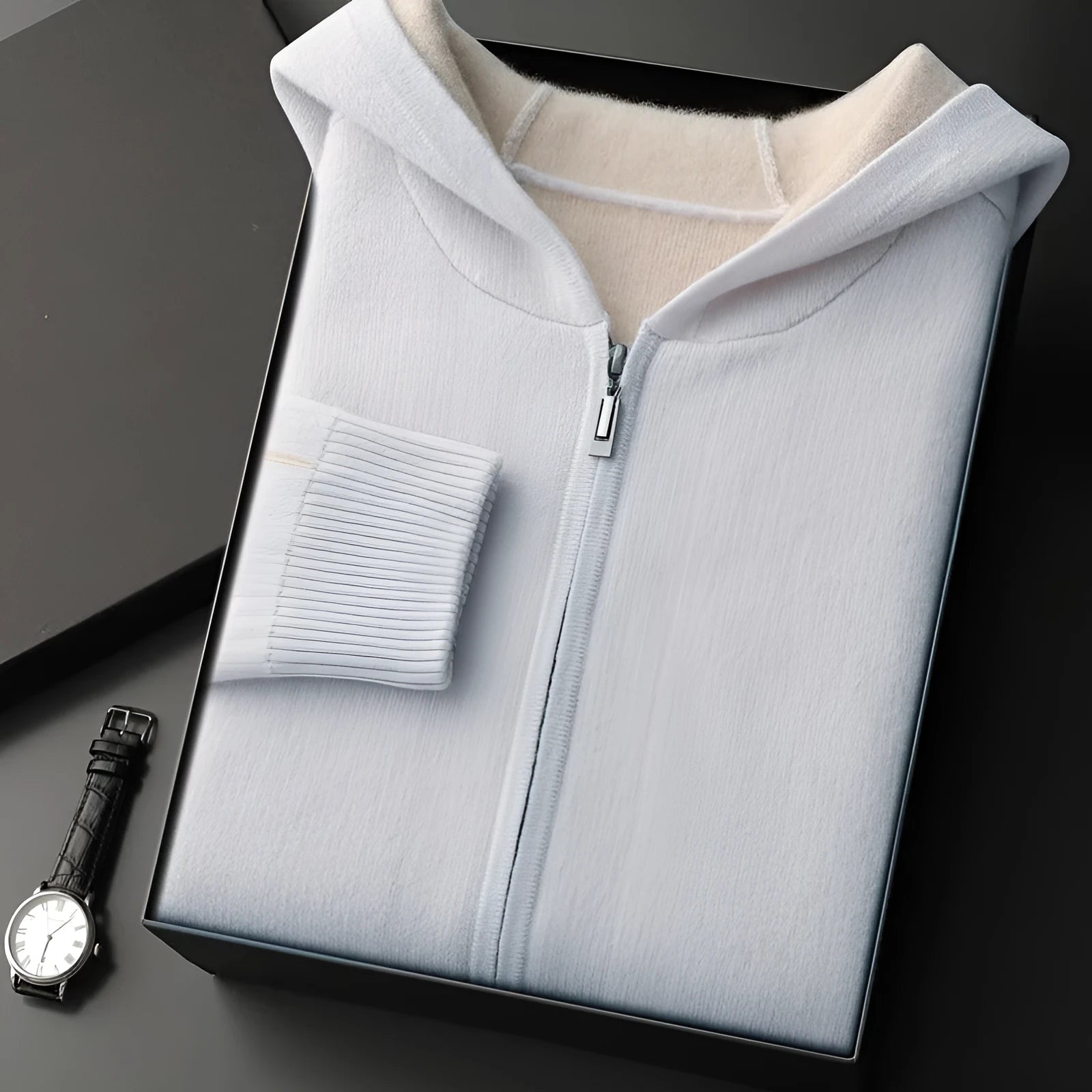 Man wearing a dark blue cashmere half-high collar zipper cardigan sweater