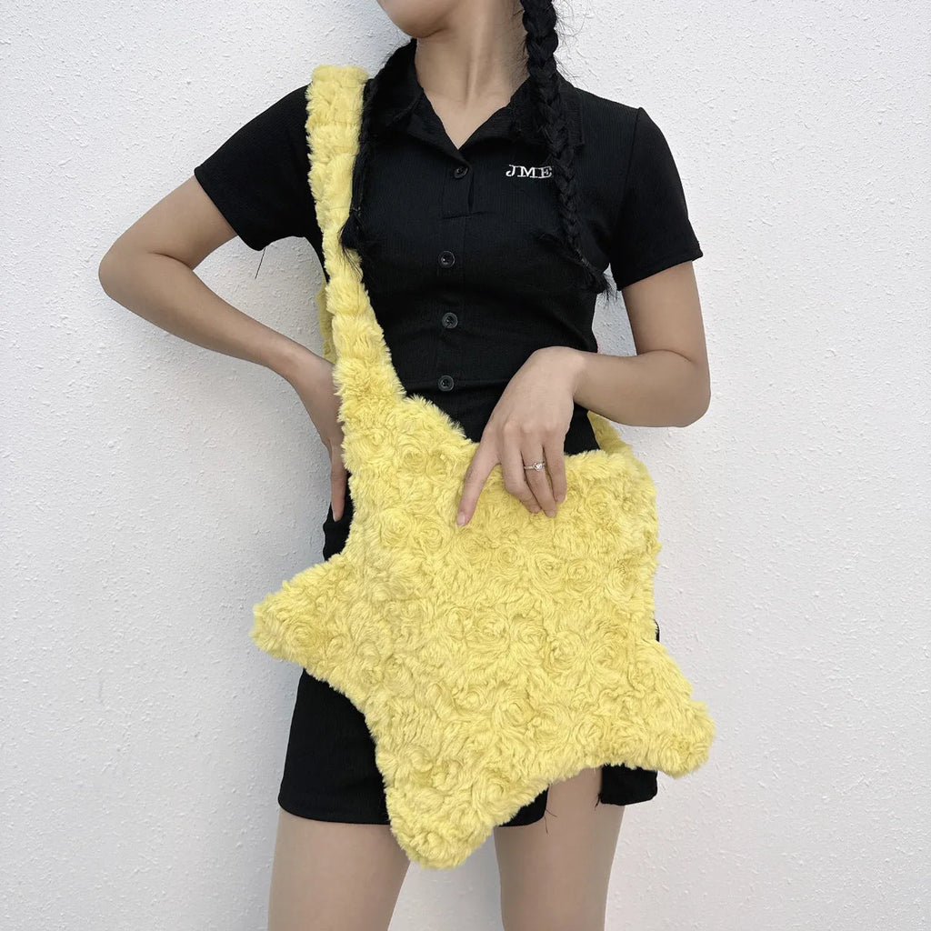 XINGX solid colour plush crossbody bag in pink with single shoulder strap and three-dimensional pocket