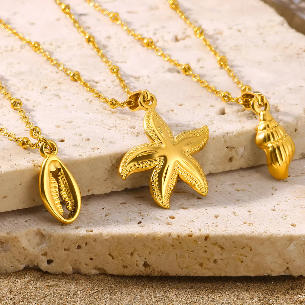 Stainless steel shell necklace with 18K electroplated finish in unisex European American style