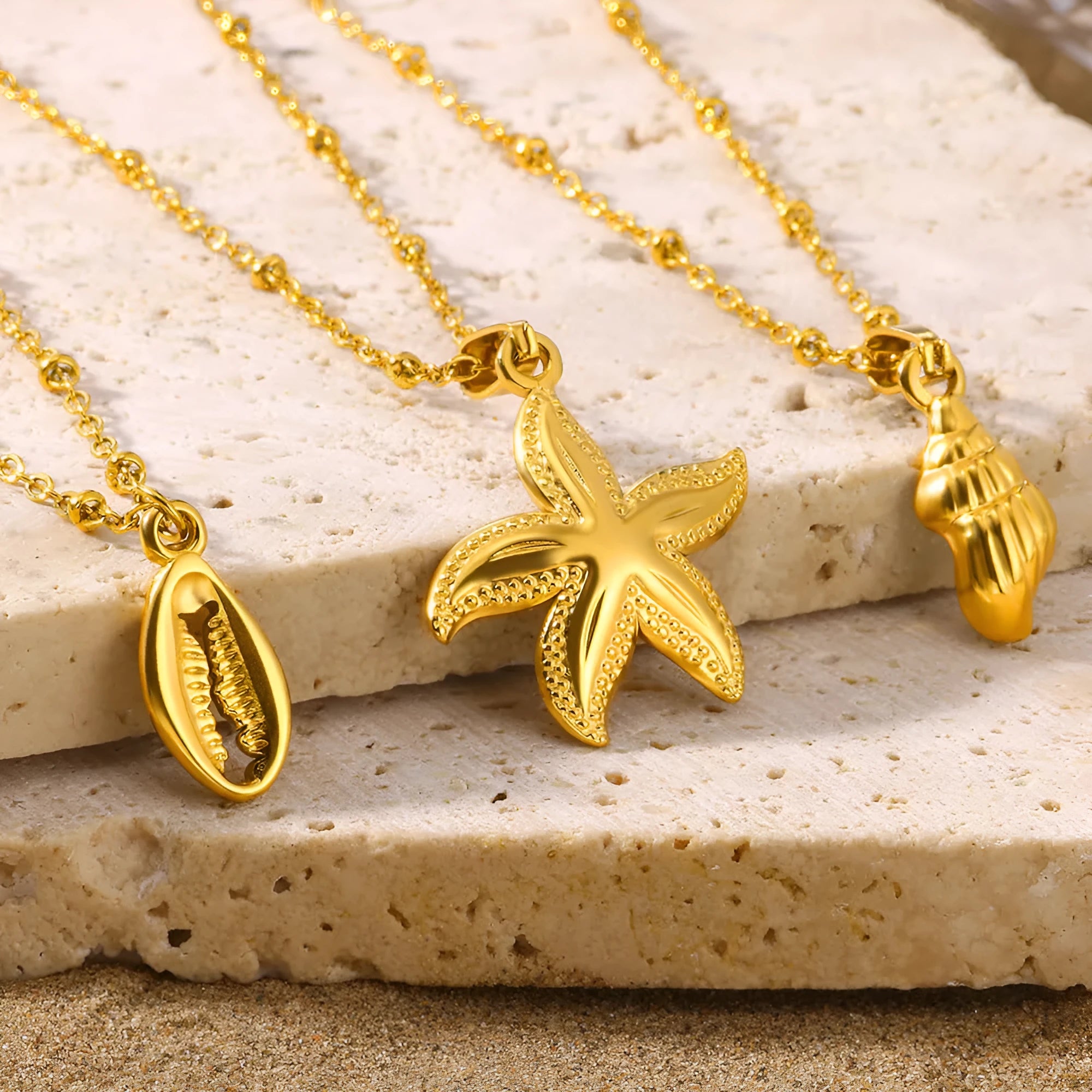 Stainless steel shell necklace with 18K electroplated finish in unisex European American style
