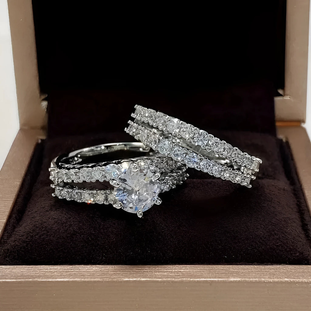 Two fully jewelled women's rings in a set, shown in gold, rose gold, and silver colour options.