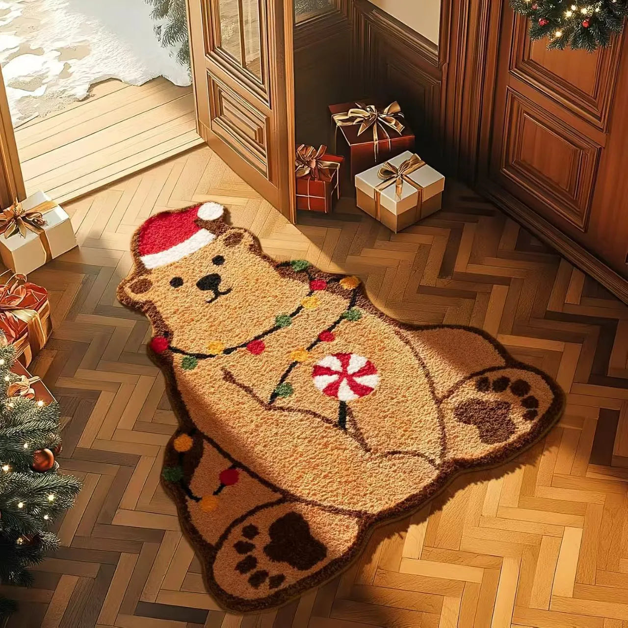 Christmas themed hallway mat with festive design and anti-slip backing in multiple size options