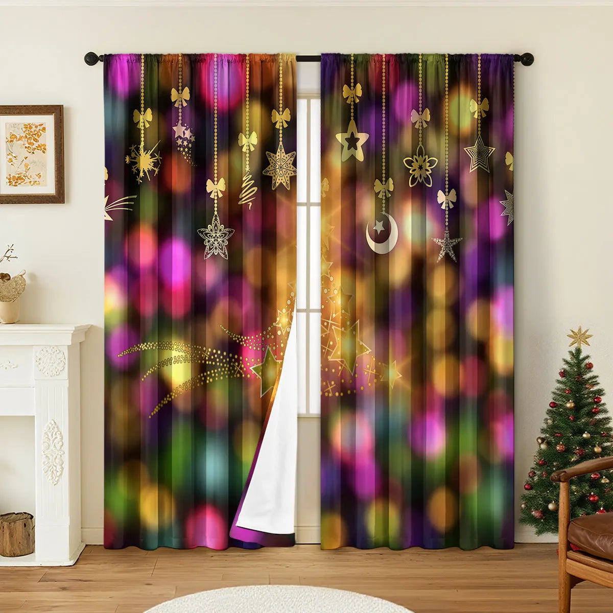 3D printed Christmas curtains with festive designs on polyester fabric, showing European-style patterns