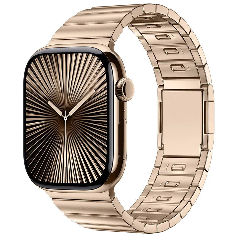 Stainless steel magnetic buckle Apple Watch strap showing silver colour option on wrist