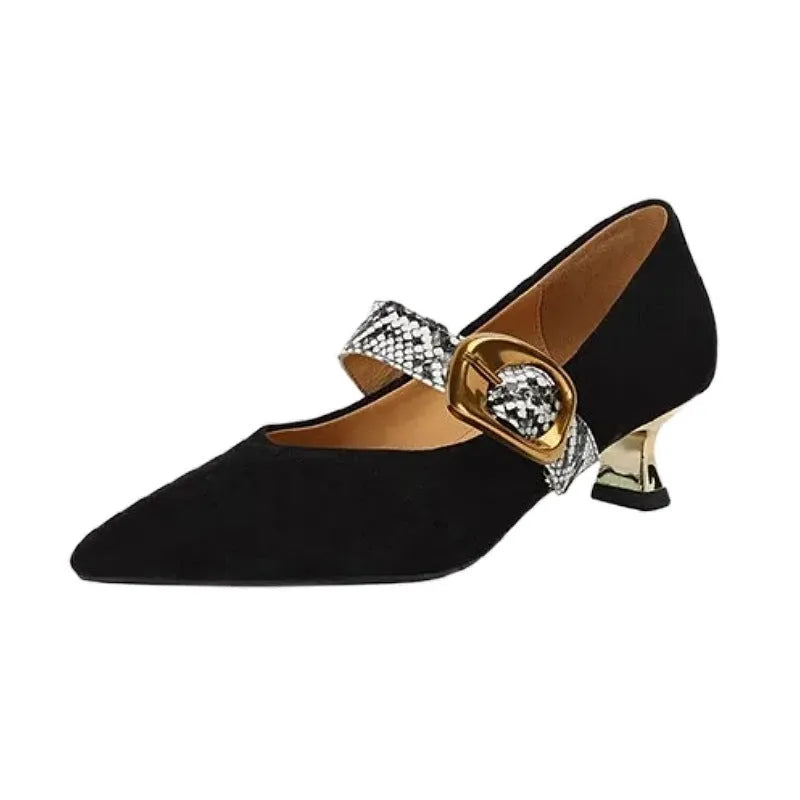 Black pointed-toe stiletto heels with a buckle fastening on the low-cut upper