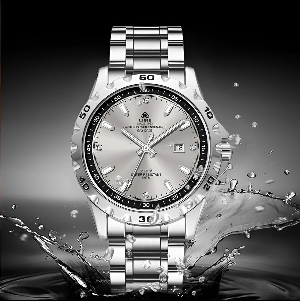Men's silver case stainless steel business watch with luminous hands and sapphire crystal glass