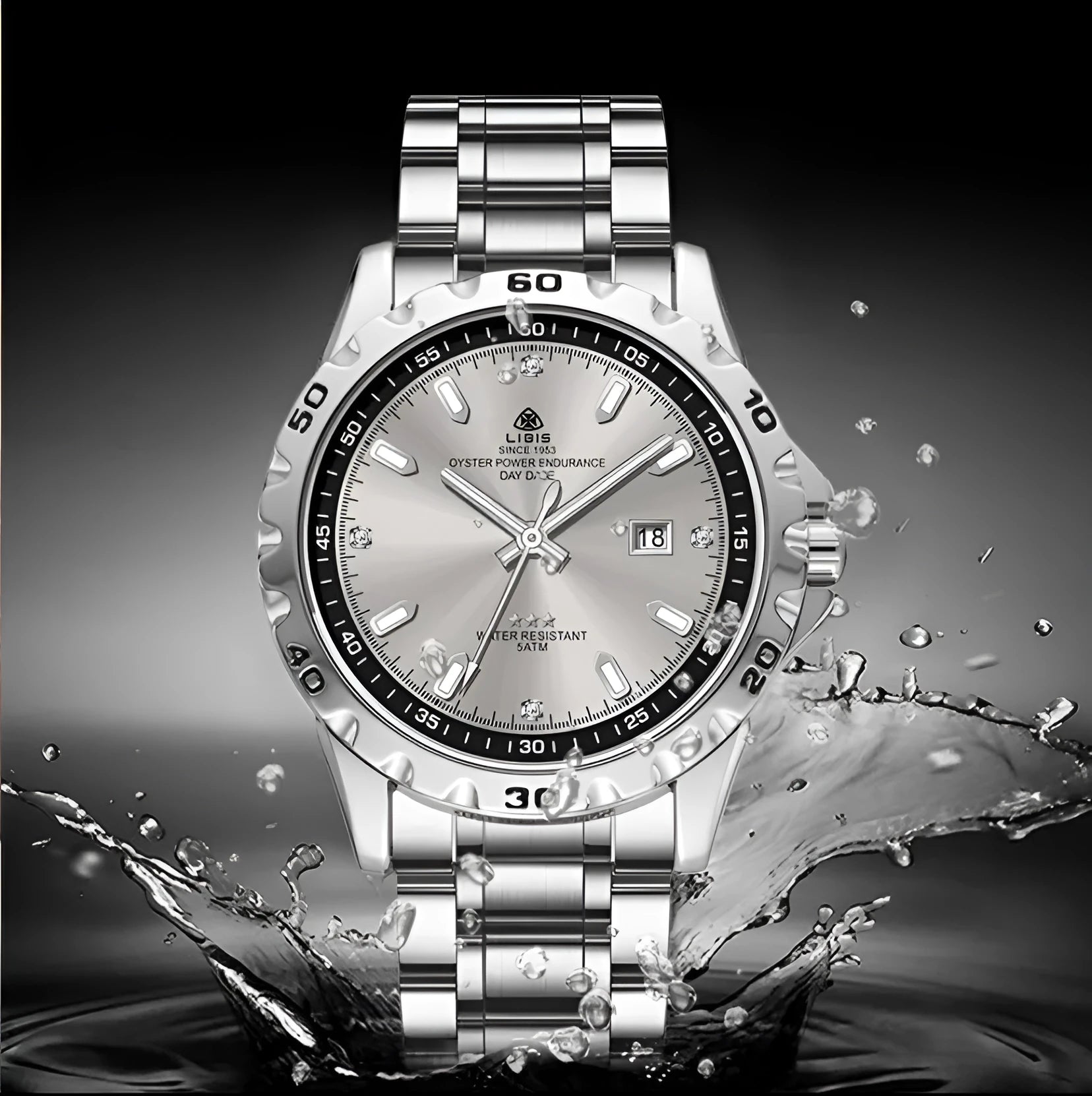 Men's silver case stainless steel business watch with luminous hands and sapphire crystal glass