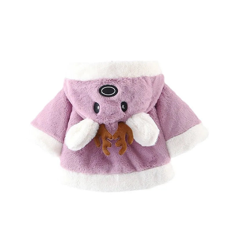Thick hooded cape coat with small antlers in white for children 70-100cm height winter thermal furry clothes