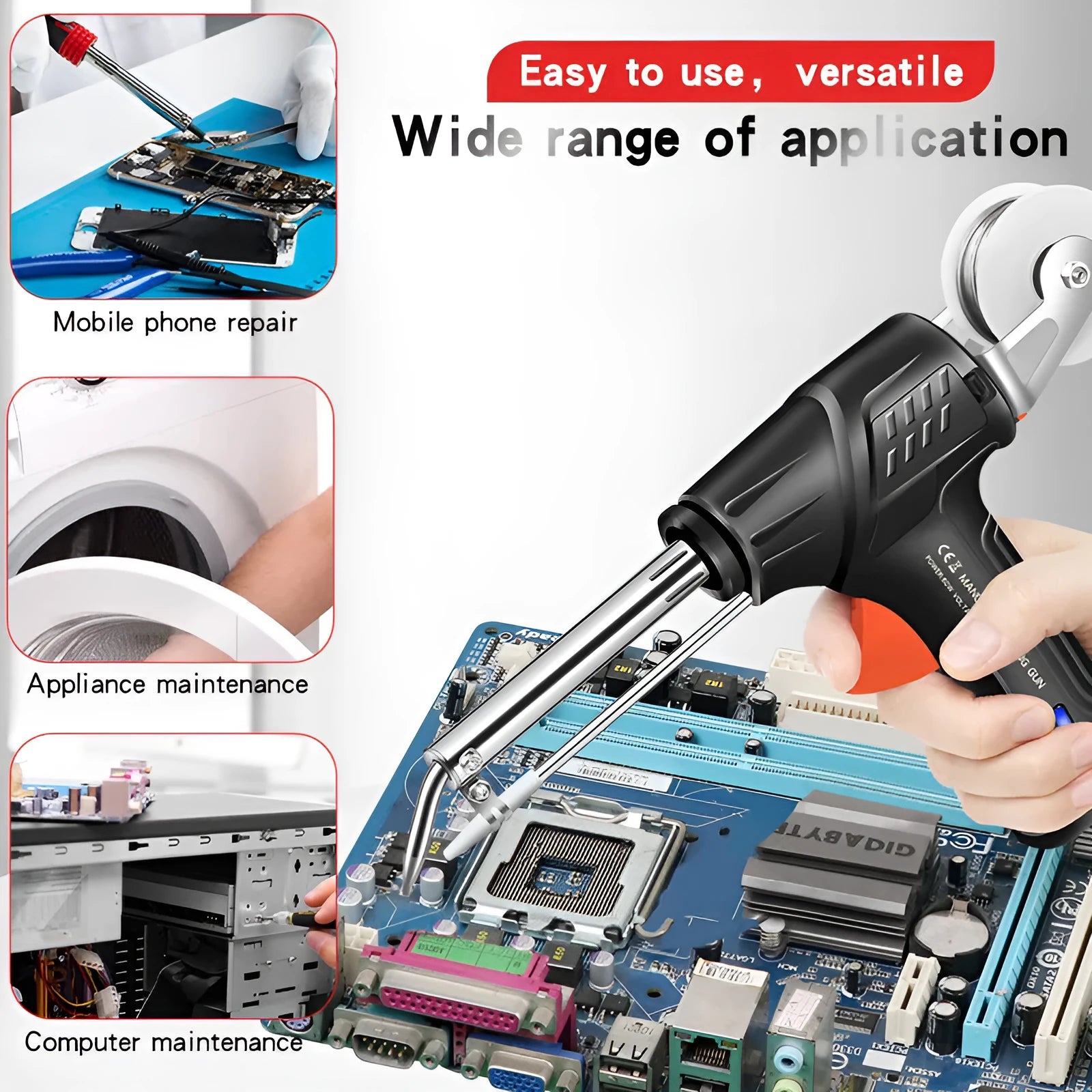 Black G102 soldering gun with integrated light for electronics repair, alloy construction