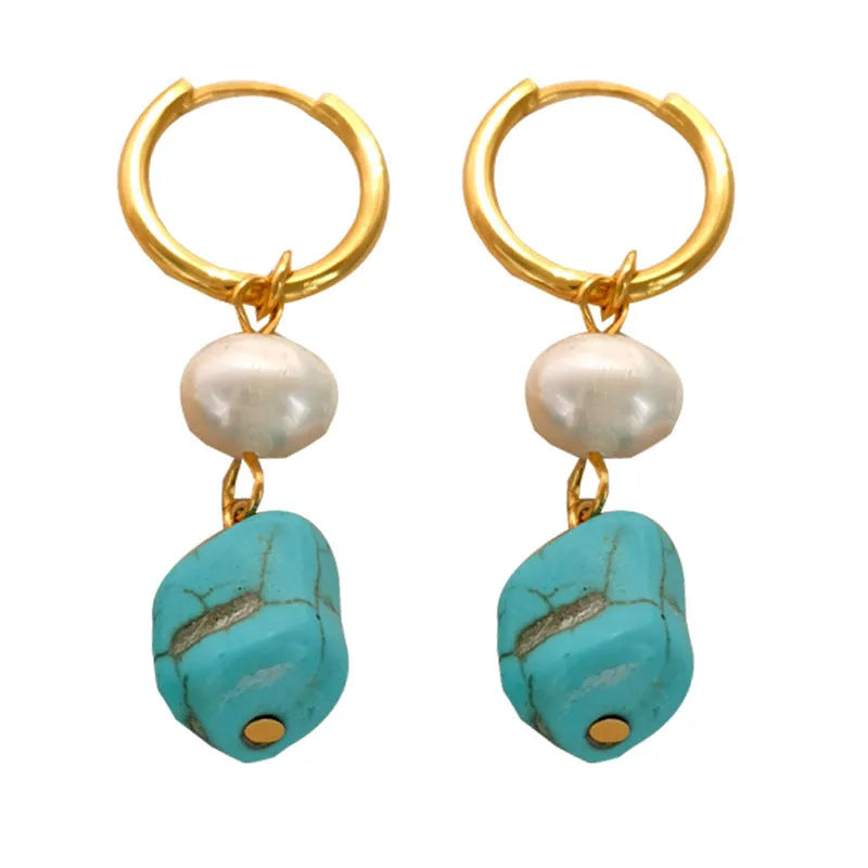 Irregular geometric turquoise and cultured pearl earrings with ear clip backings