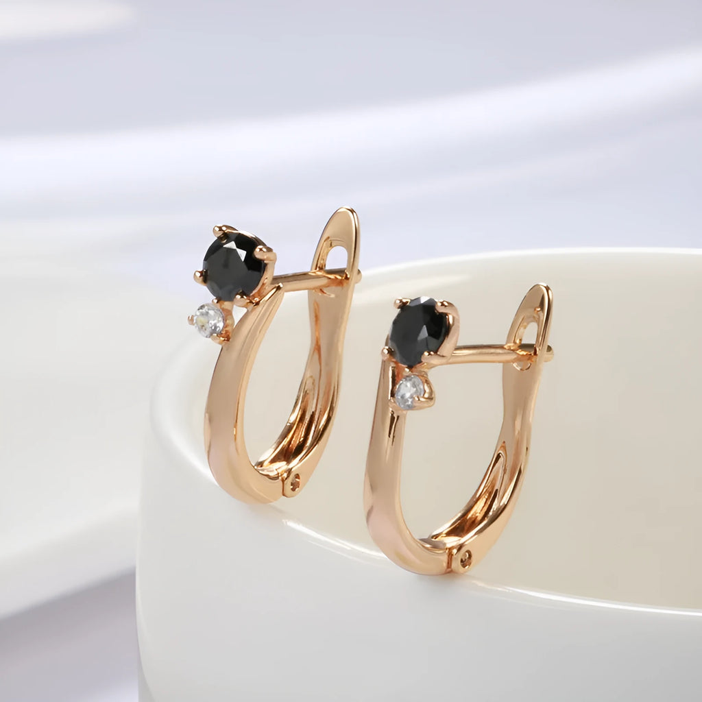 Gold plated black agate drop earrings with geometric retro design for women