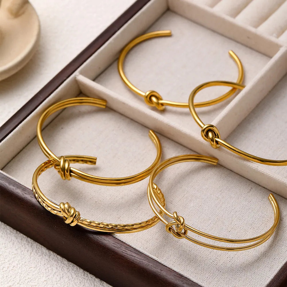 Adjustable stainless steel 18K gold plating knotted C-shaped open double-layer women's bracelet