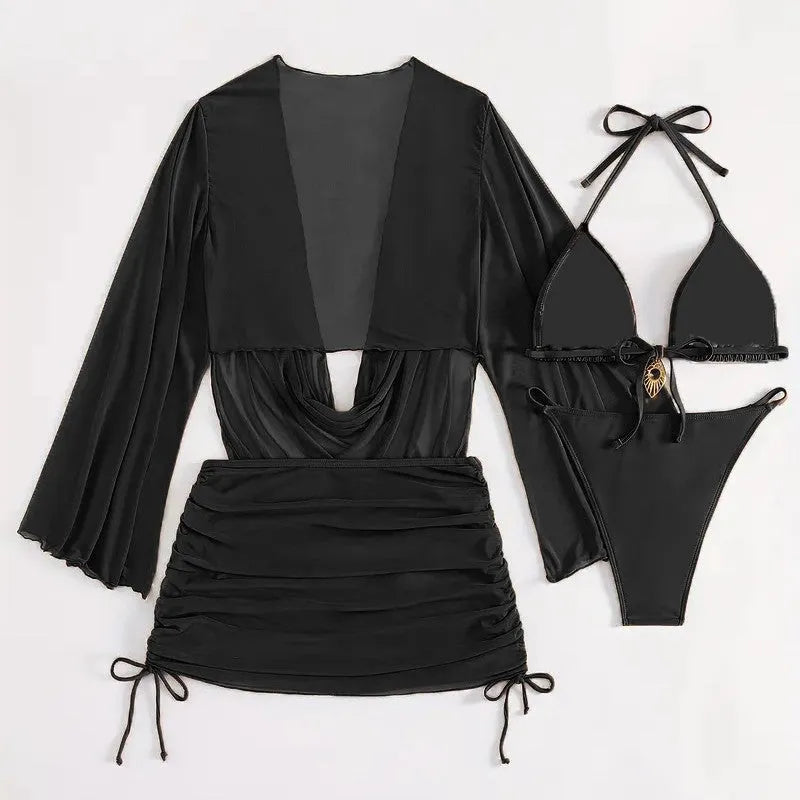 Dark brown women's lace-up backless bikini swimsuit set on a mannequin.