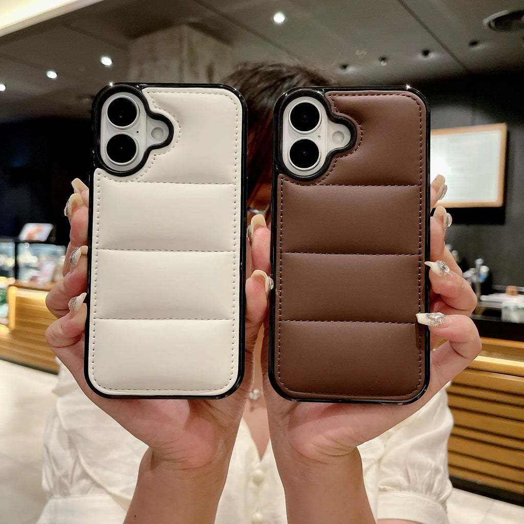 Fashion macaron down jacket shockproof PC phone case with embossed finish for Apple iPhone in multiple colours