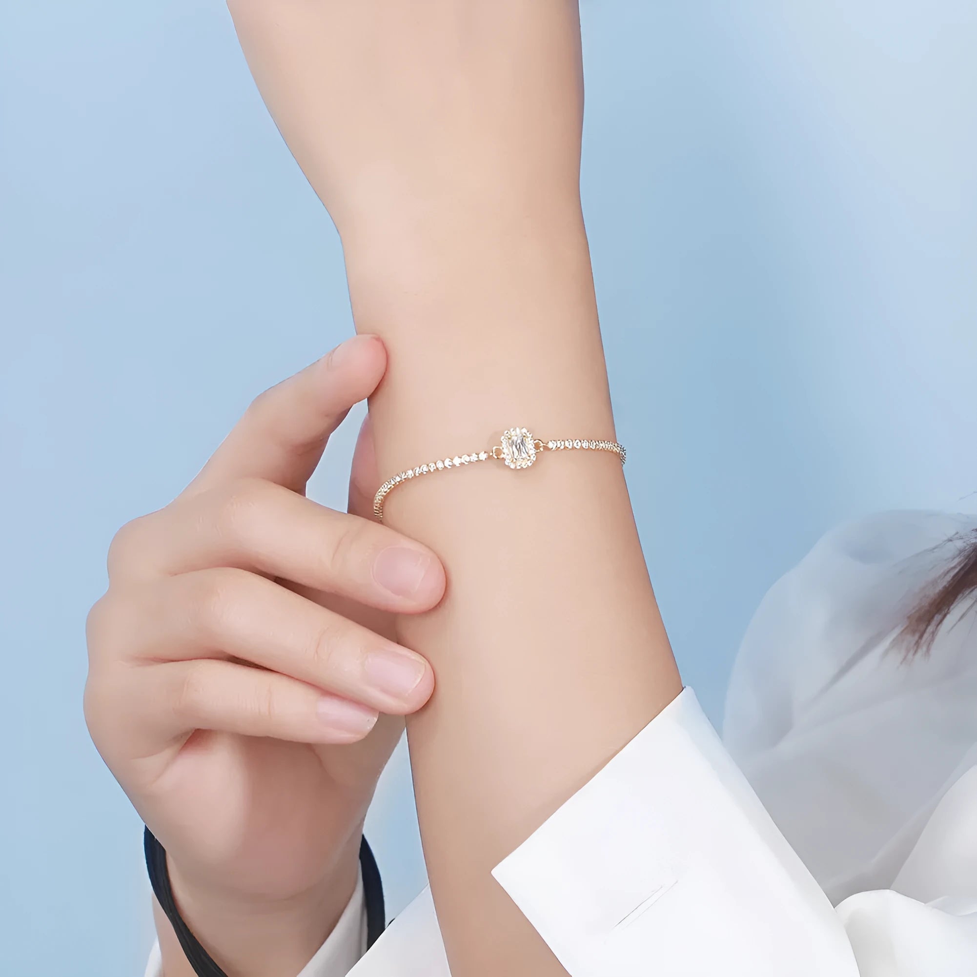 S925 sterling silver tennis bracelet with eight hearts eight arrows white zirconium stones, gold tone, chain style, 16.5cm length