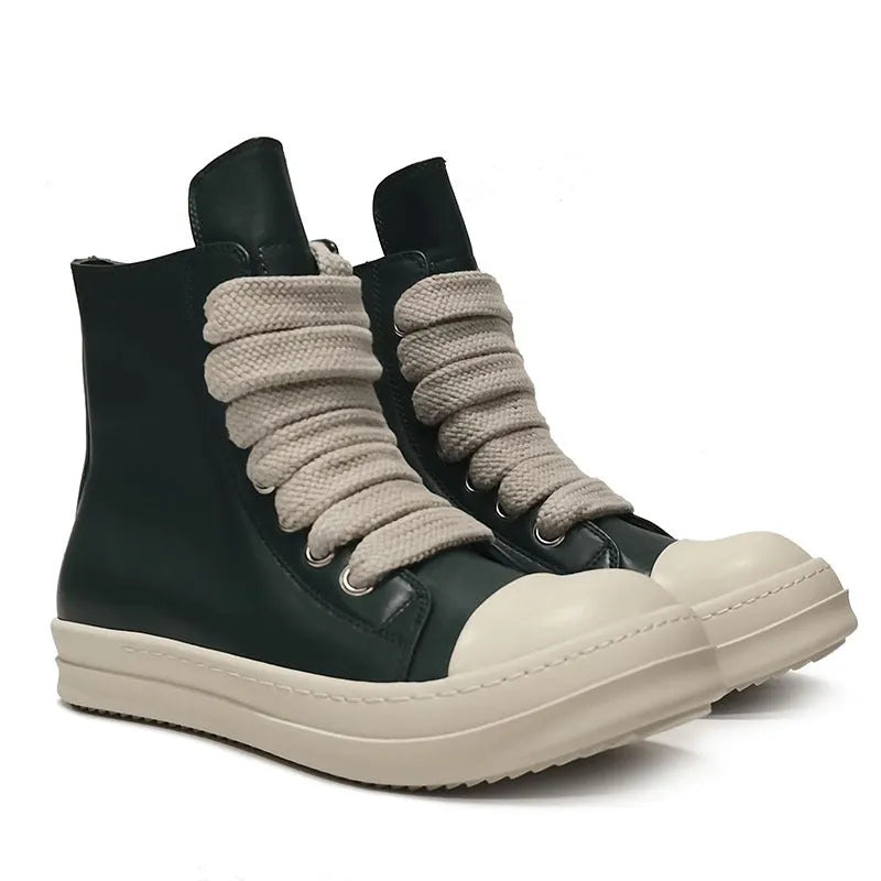 Black genuine leather high-top sneakers with a side zipper on a mid-heel platform sole.