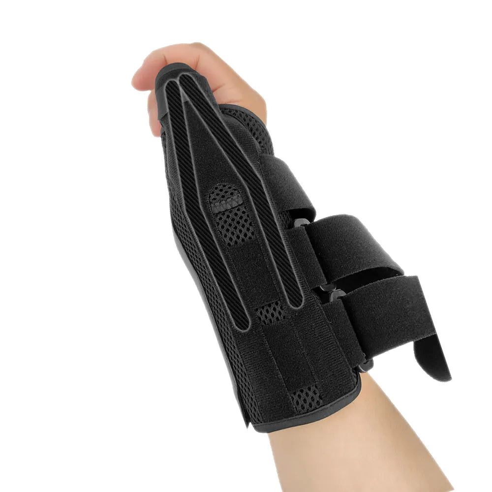 Black carbon fibre sports wrist guard with thumb strap and grey edging for left or right hand wearing