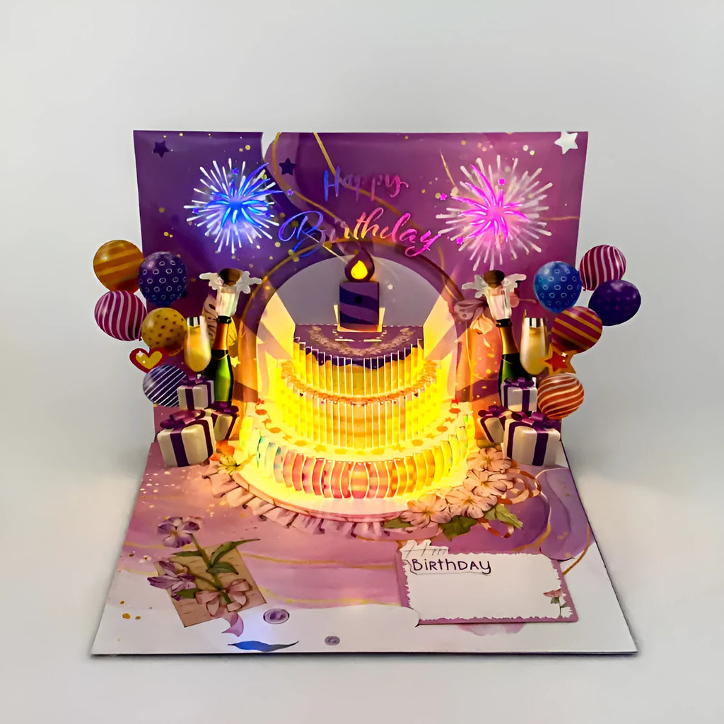 Open 3D pop-up birthday card with cake design, light, and Chinese ink style artwork.