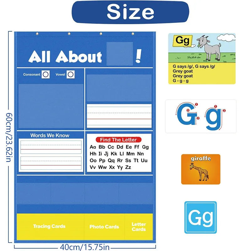 Alphabet learning sleeve table chart with educational cards measuring 60x40cm