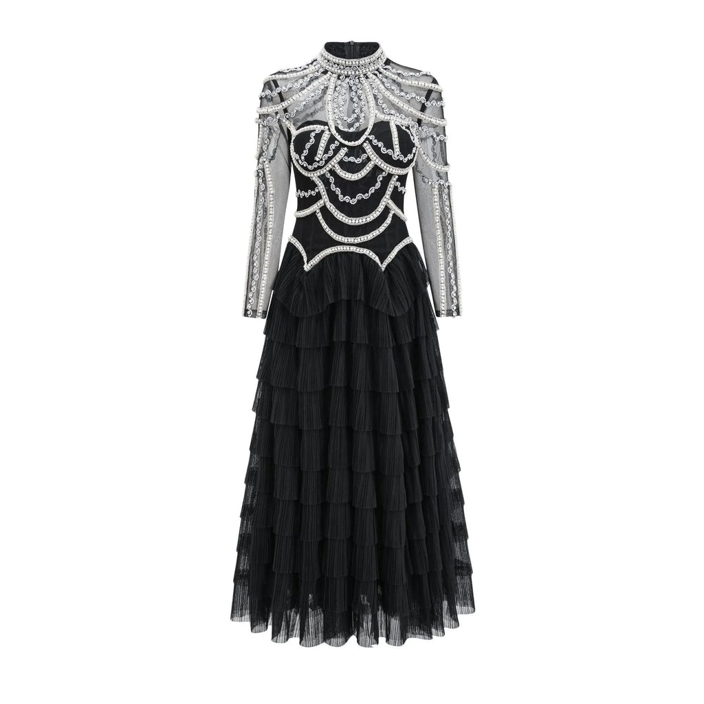 Women's long sleeve beaded evening dress in black or pink with three-dimensional decoration