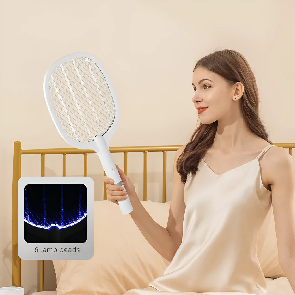 Rechargeable electric mosquito swatter insect killer racket with ABS plastic shell in 959 and 996 colour models.