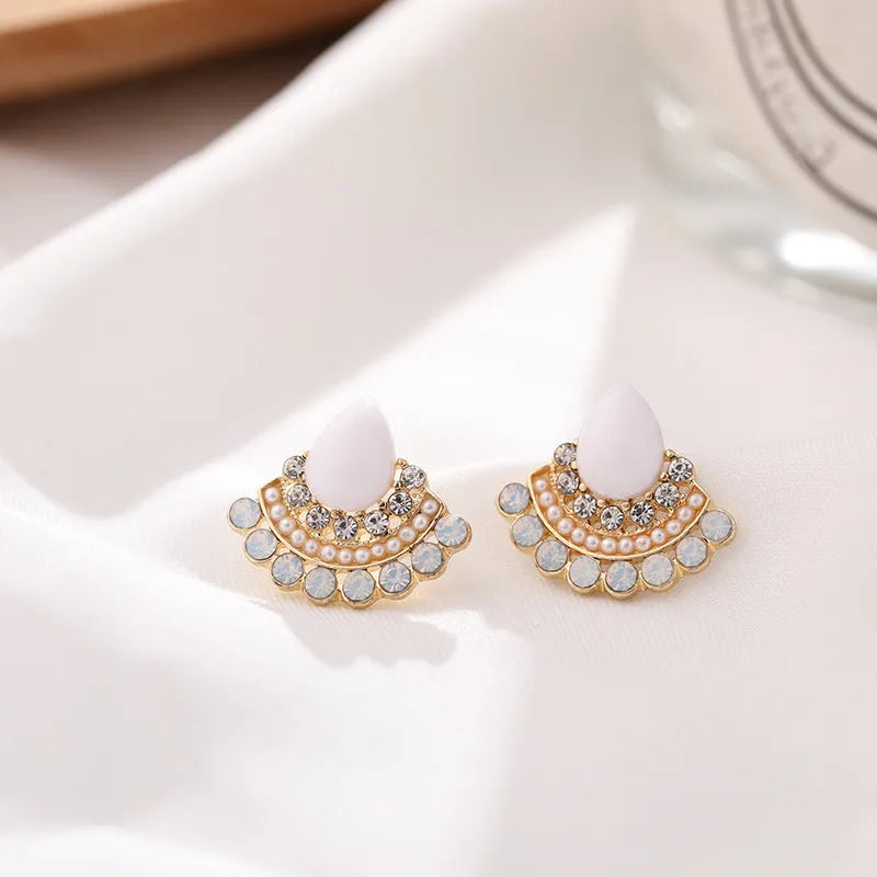 Women's retro fan-shaped earrings with opal and rhinestone details on electroplated silver alloy