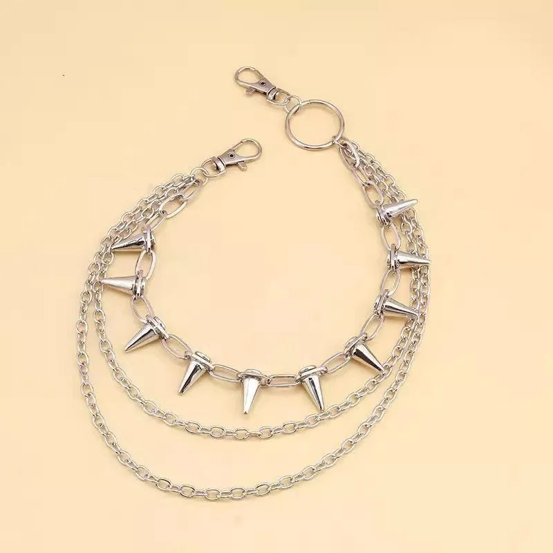 Silver metal pants chain with dark punk rivets measuring 115cm length