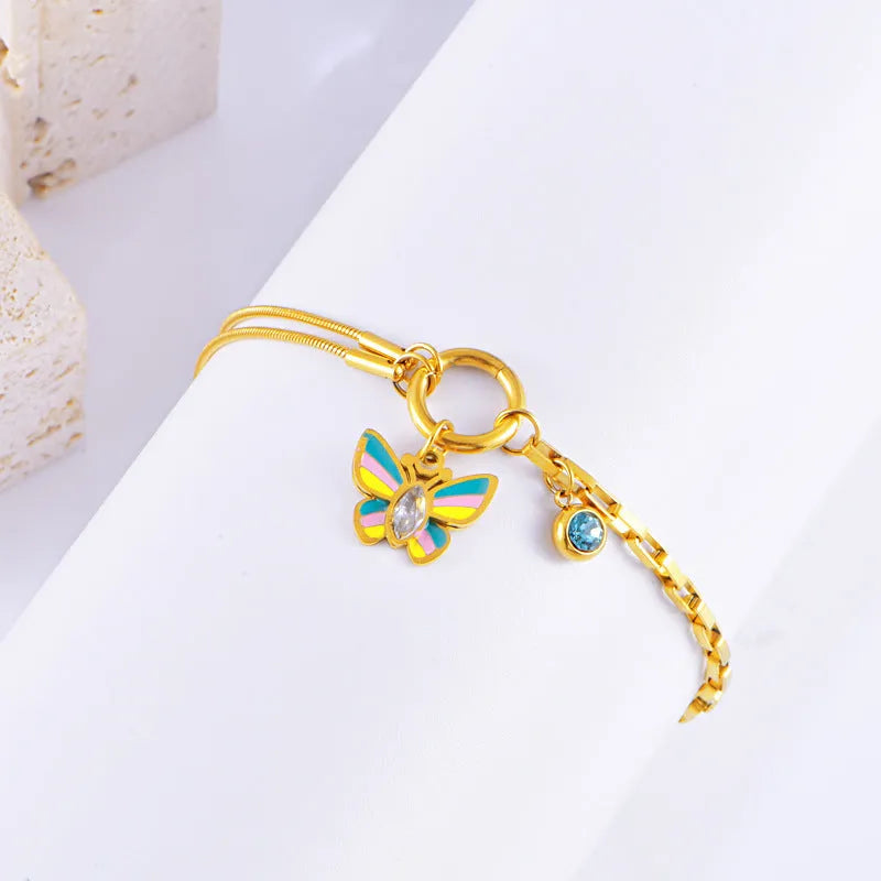 Gold epoxy butterfly necklace and bracelet set with titanium steel snake bone chain