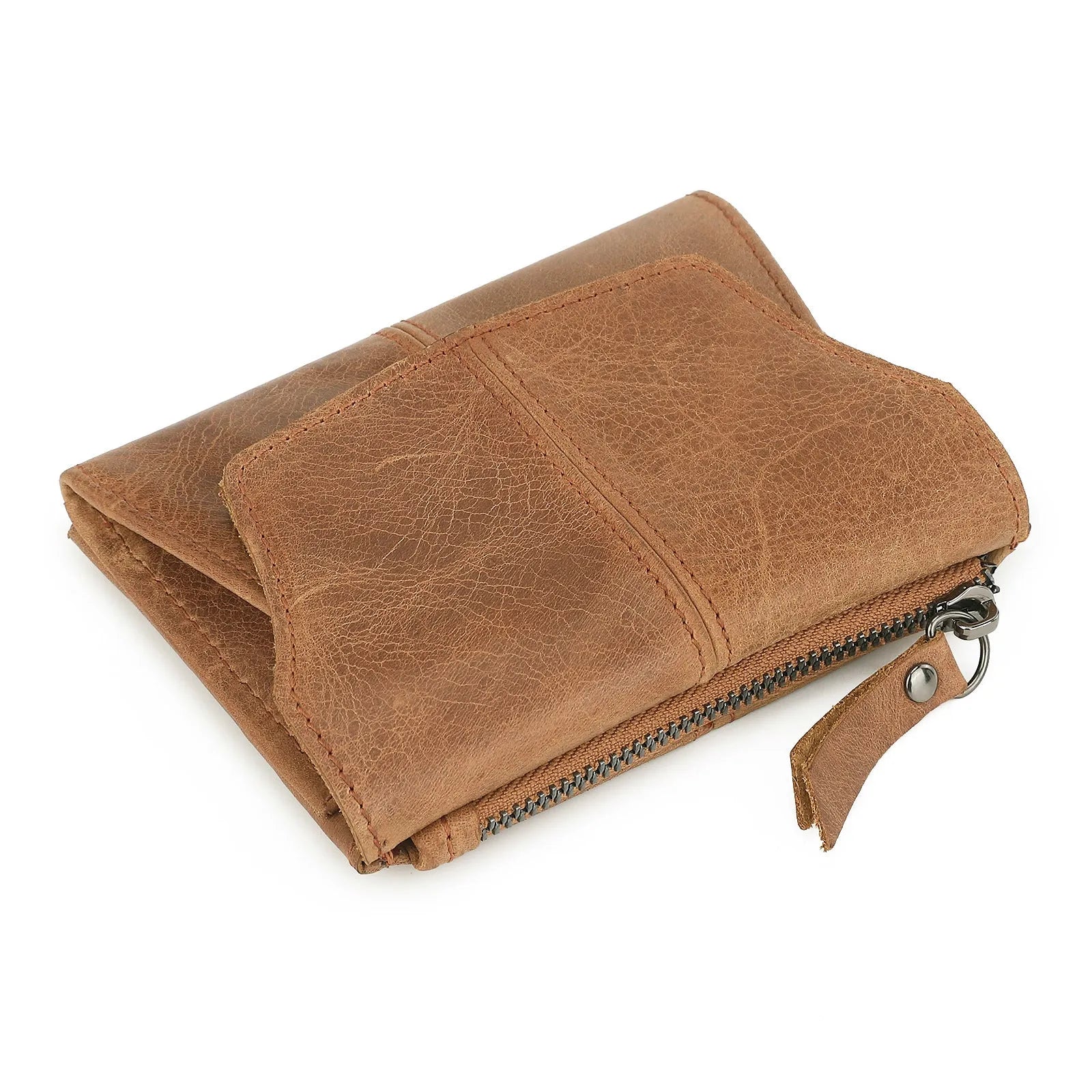 Cowhide genuine leather multifunctional coin purse wallet in retro style with stitching details.