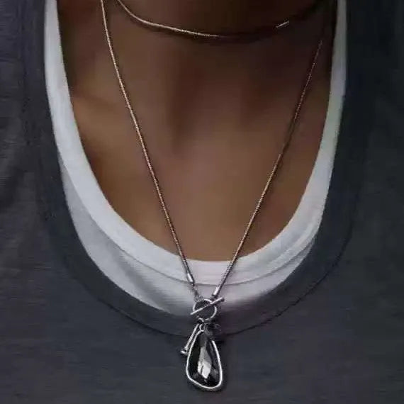 Geometric plaid pendant necklace with snake bones chain in water drop colours