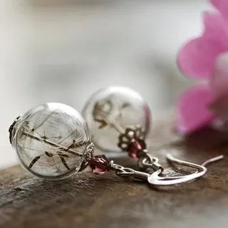 Clear glass dandelion seed earrings with crystal ball design on ear hook