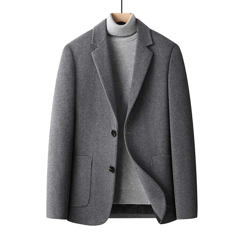 Men's solid colour slim fit wool suit jacket on a hanger in grey, black, or camel.