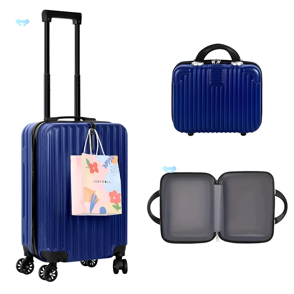 Aluminium alloy luggage and mini box travel set showing 14in and 20in trunks with an included towel.