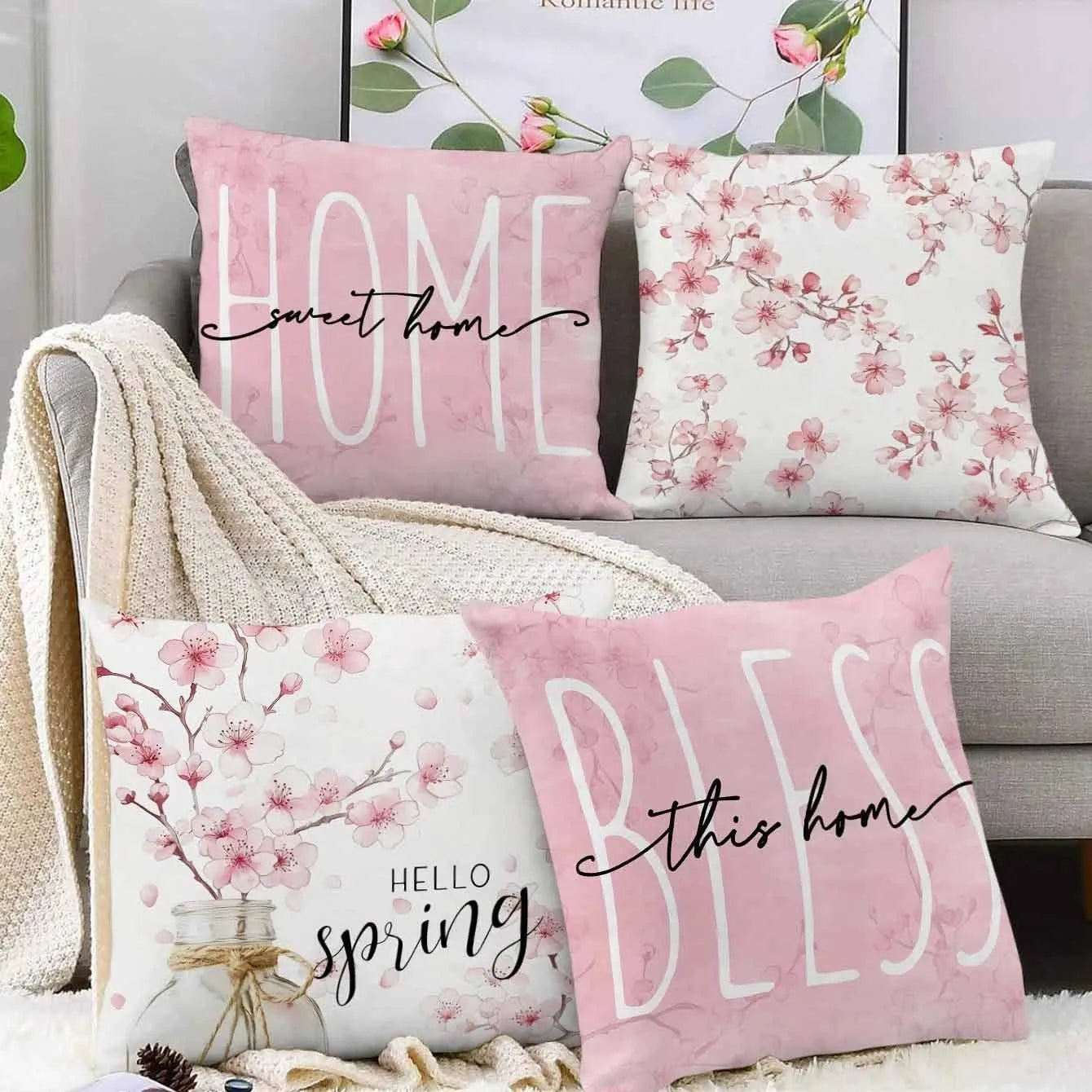 Square short velvet cushion cover with Spring Cherry Blossom Letter floral design, 45cm by 45cm.