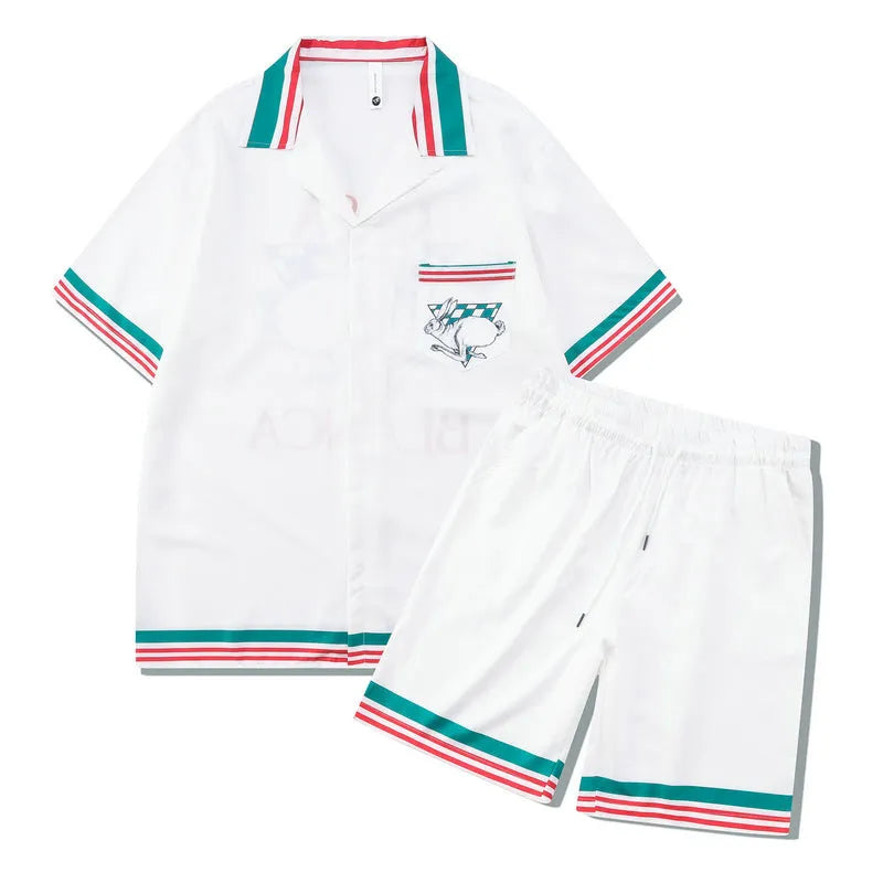 Men's and women's plaid beach shirt outfit with matching trousers in polyester fabric