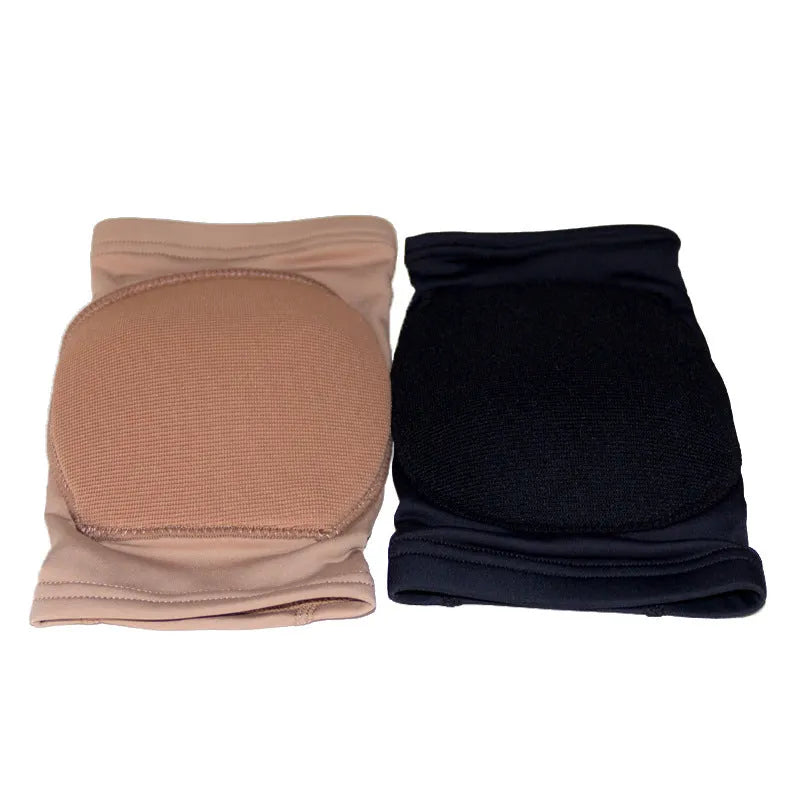 A pair of flexible black ballet knee pads for dance and yoga exercise, shown with a sizing chart.