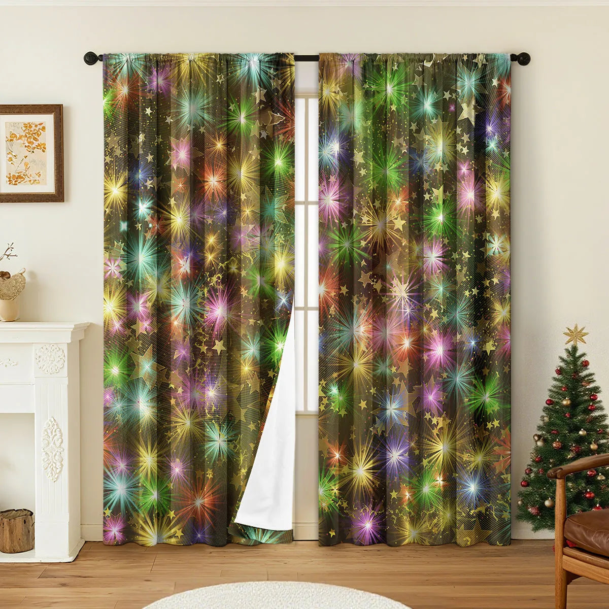 3D printed Christmas curtains with festive designs on polyester fabric, showing European-style patterns
