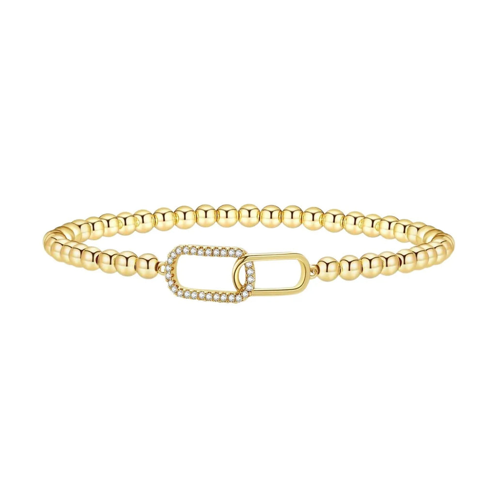 Women's adjustable stainless steel beaded bracelet in a simple geometric shape on a wrist.