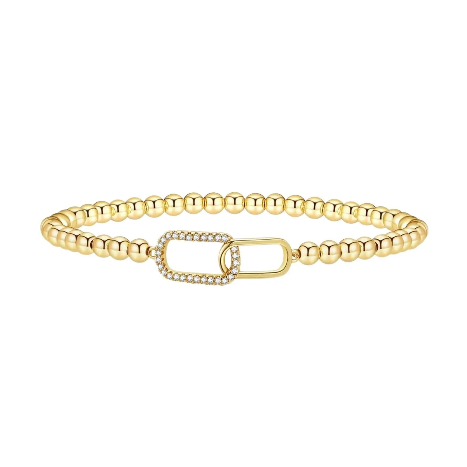 Women's adjustable stainless steel beaded bracelet in a simple geometric shape on a wrist.