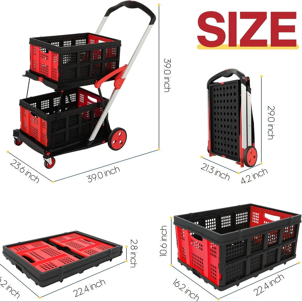 Foldable plastic shopping cart with double basket design in blue, pink, purple or red colour options