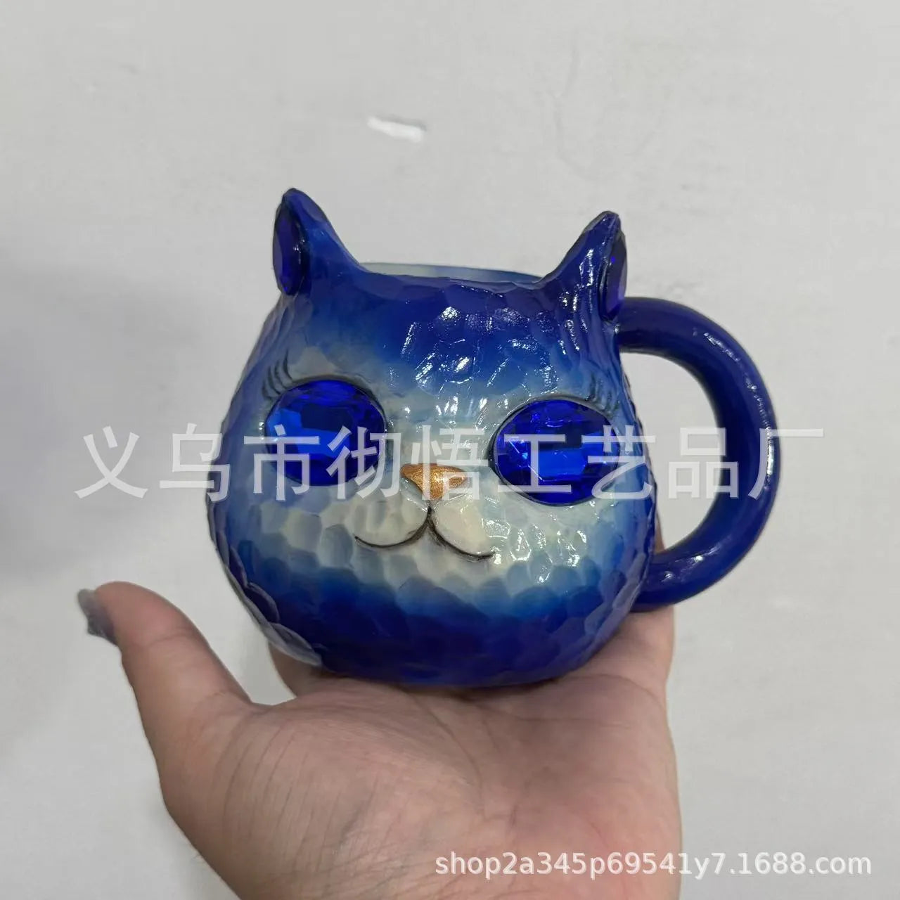 American style resin cat cup decoration in blue, green, pink, or purple colour.
