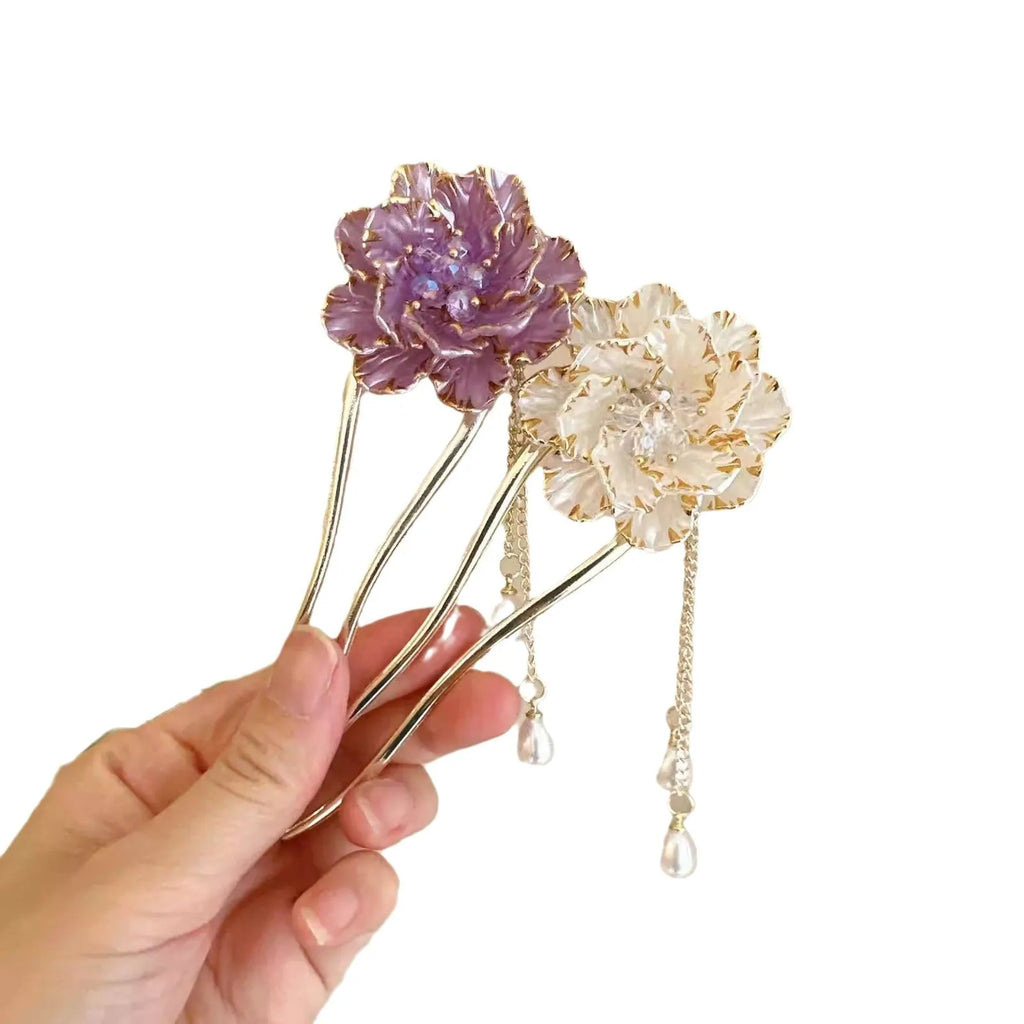 Purple and white alloy U-shaped hairpin with a retro peony flower tassel design.