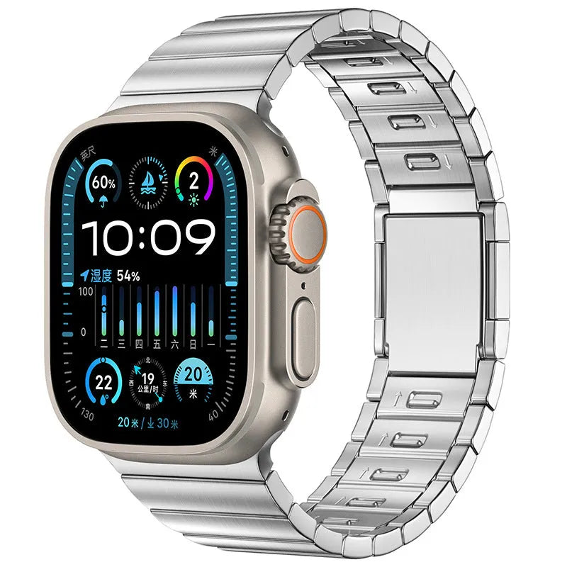 Stainless steel magnetic buckle Apple Watch strap showing silver colour option on wrist
