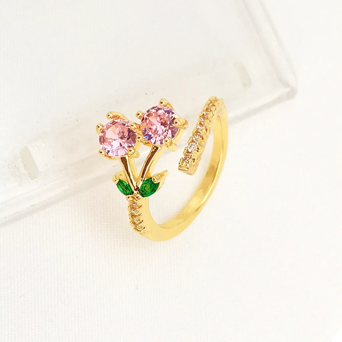 Copper open mouth ring with geometric leaf pattern and zircon detailing in national style design