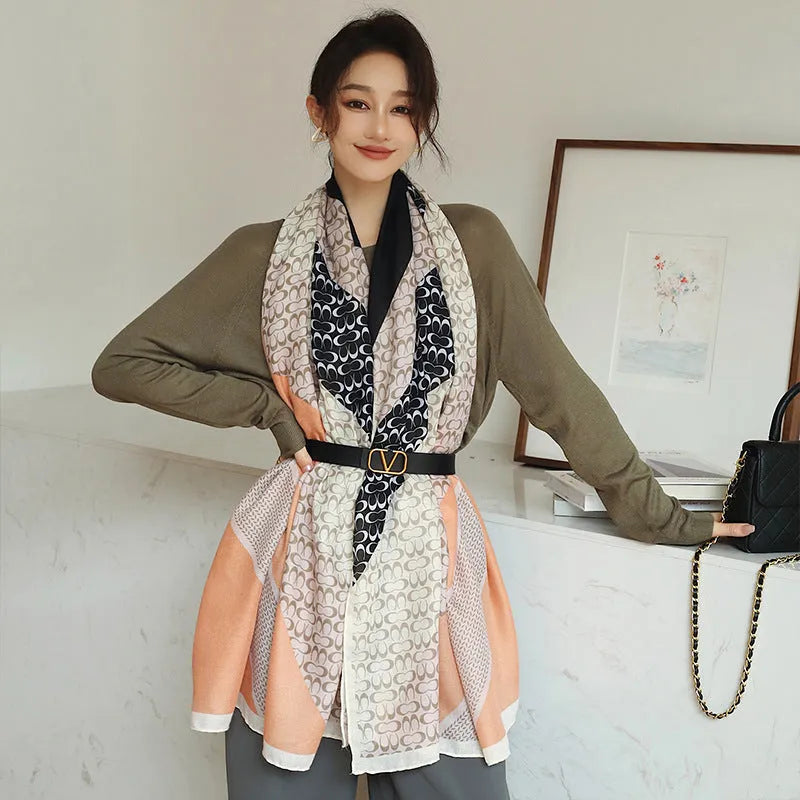 Polyester printed scarf with 180x90cm dimensions showing decorative pattern for autumn wear