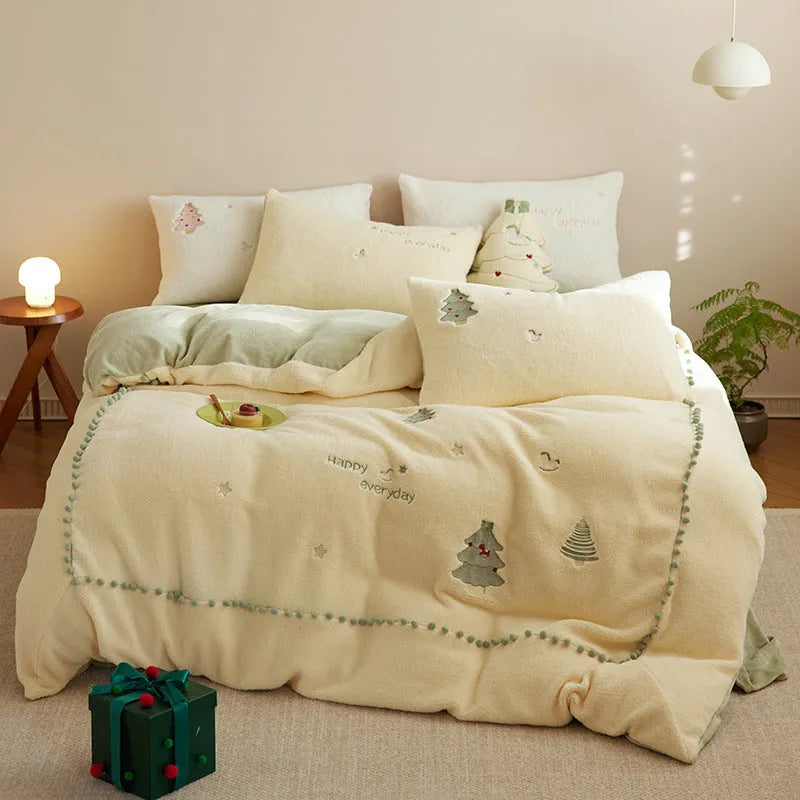 Winter milk fibre bedding set with Christmas tree pattern showing green and pink colour options
