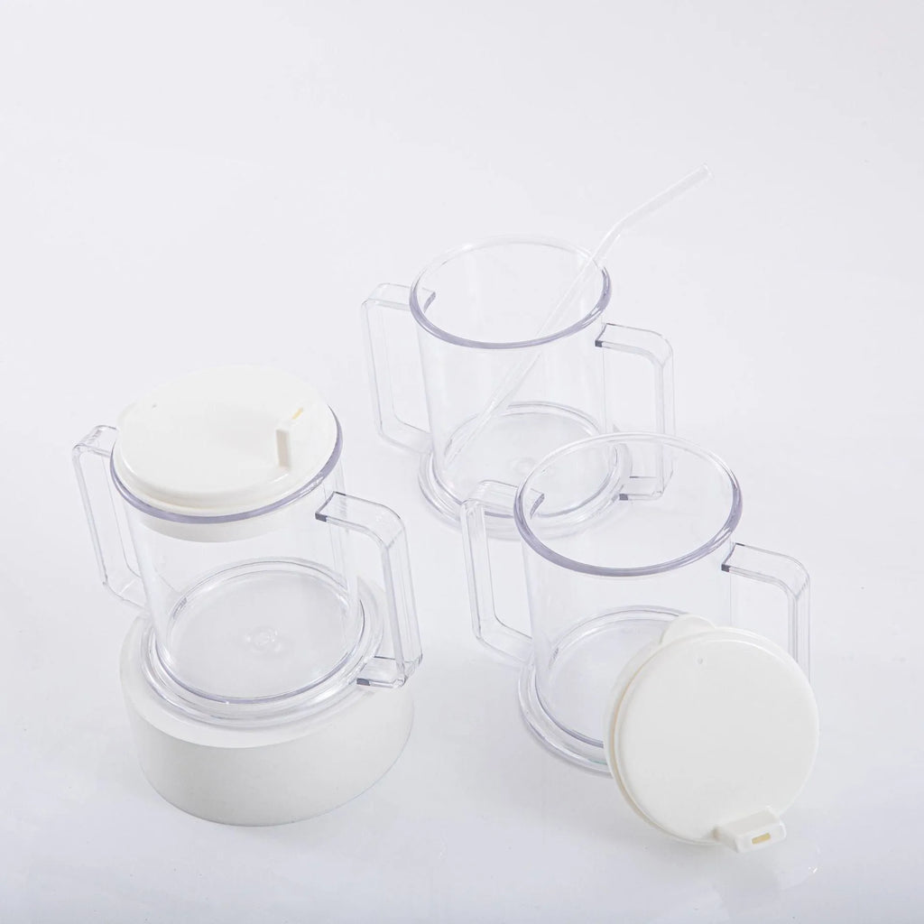 Transparent PP plastic drinking cup with spill-proof lid showing 14cm height