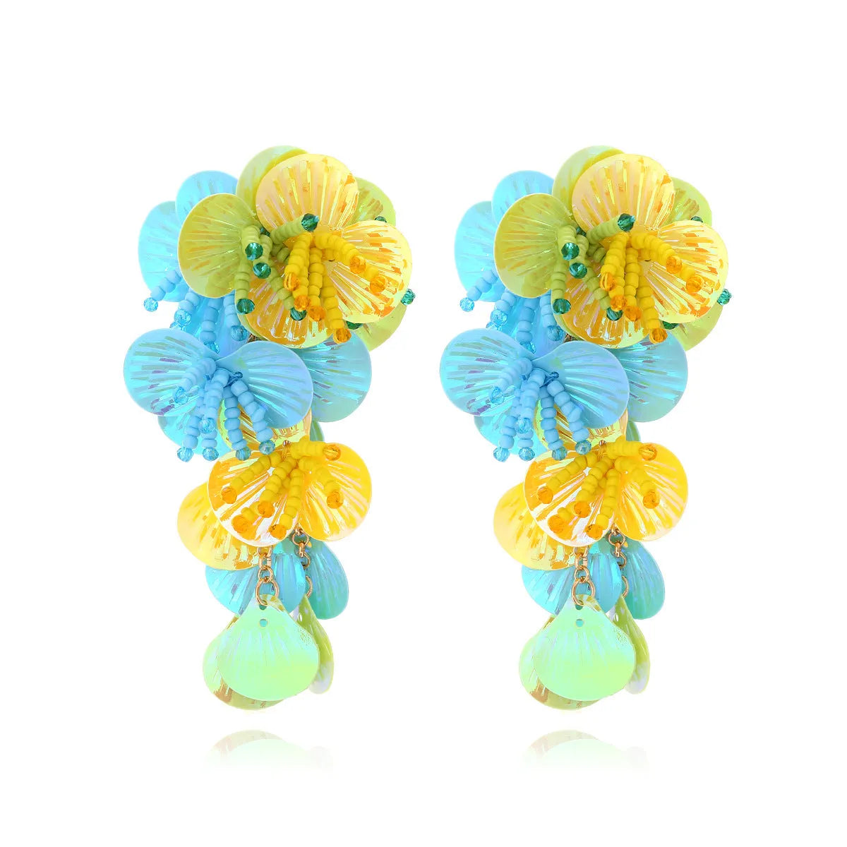 Handmade string bead flower earrings with exaggerated dopamine design in mixed materials showing floral and leaf shapes