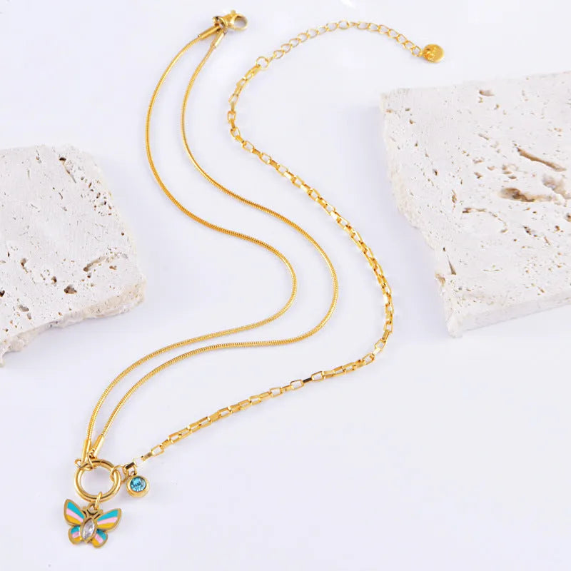 Gold epoxy butterfly necklace and bracelet set with titanium steel snake bone chain